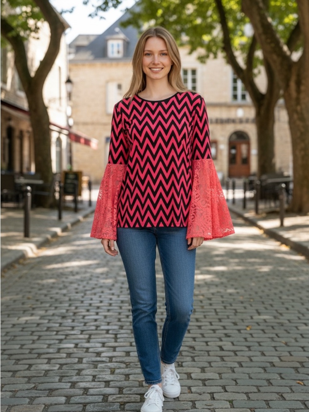 Pink & Black Chevron Flare Sleeve Top Size Large Statement Bell Sleeve Blouse - Picture 4 of 6